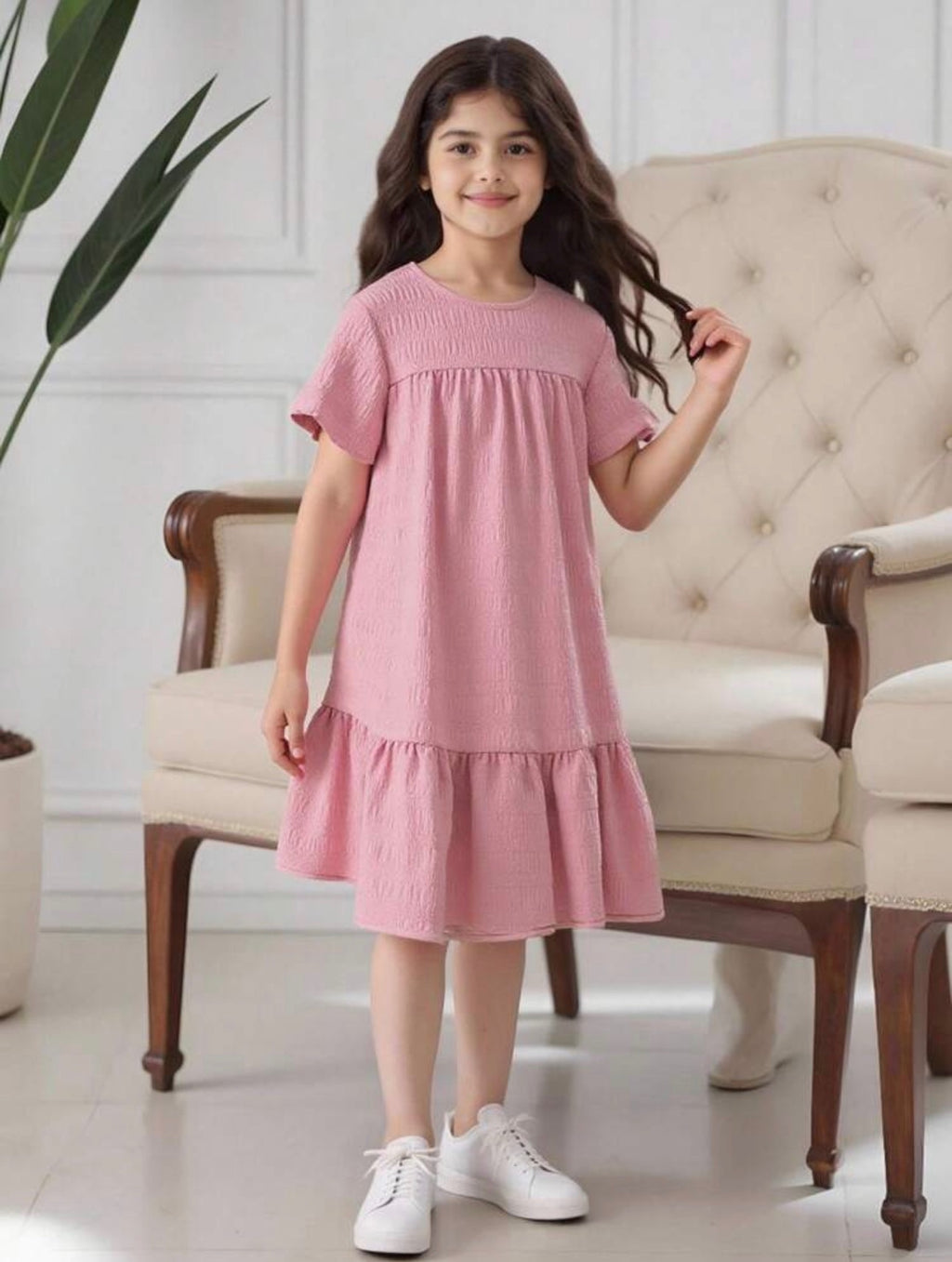 Vestido Infantil Rosa Texturizado con Vuelo