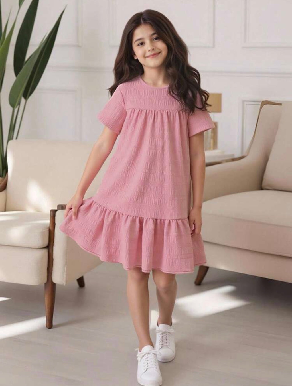 Vestido Infantil Rosa Texturizado con Vuelo