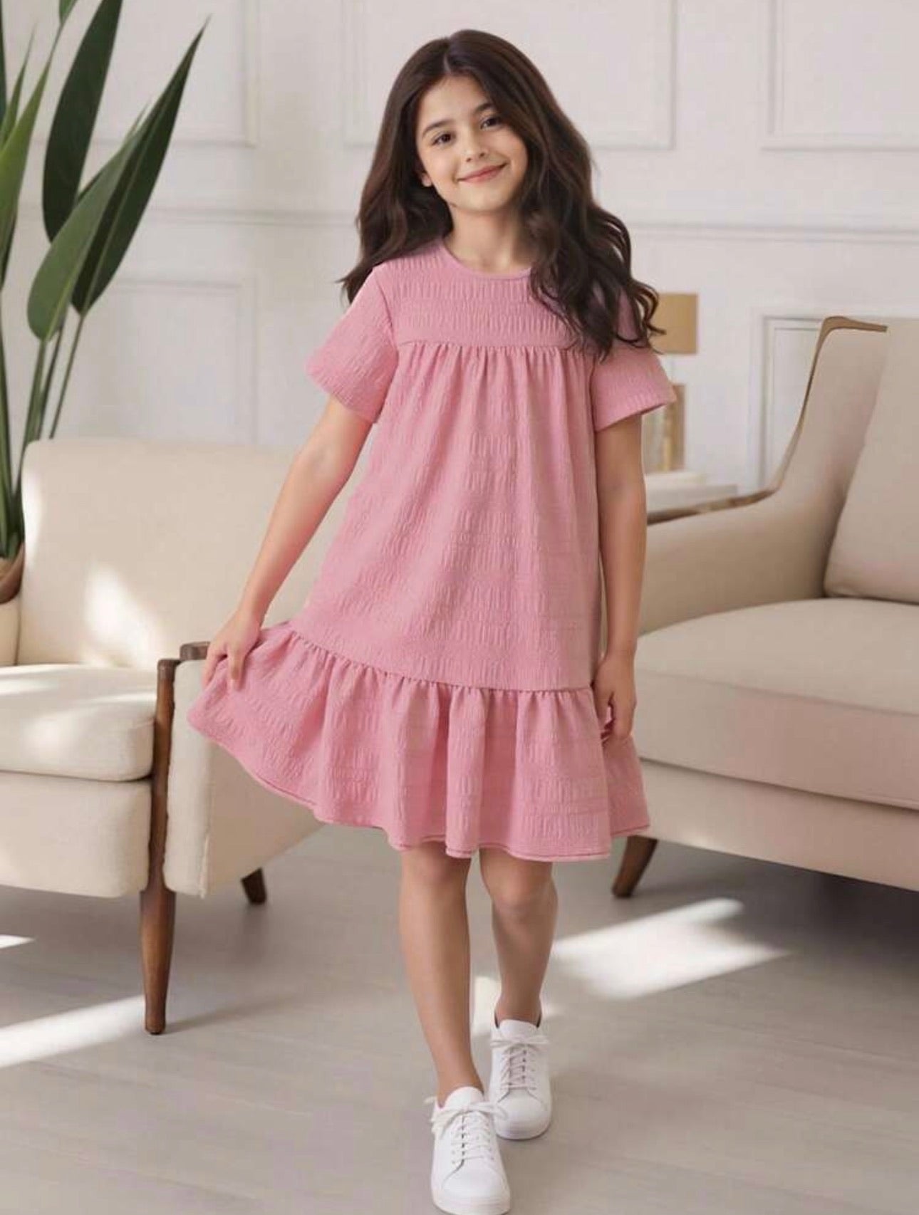 Vestido Infantil Rosa Texturizado con Vuelo