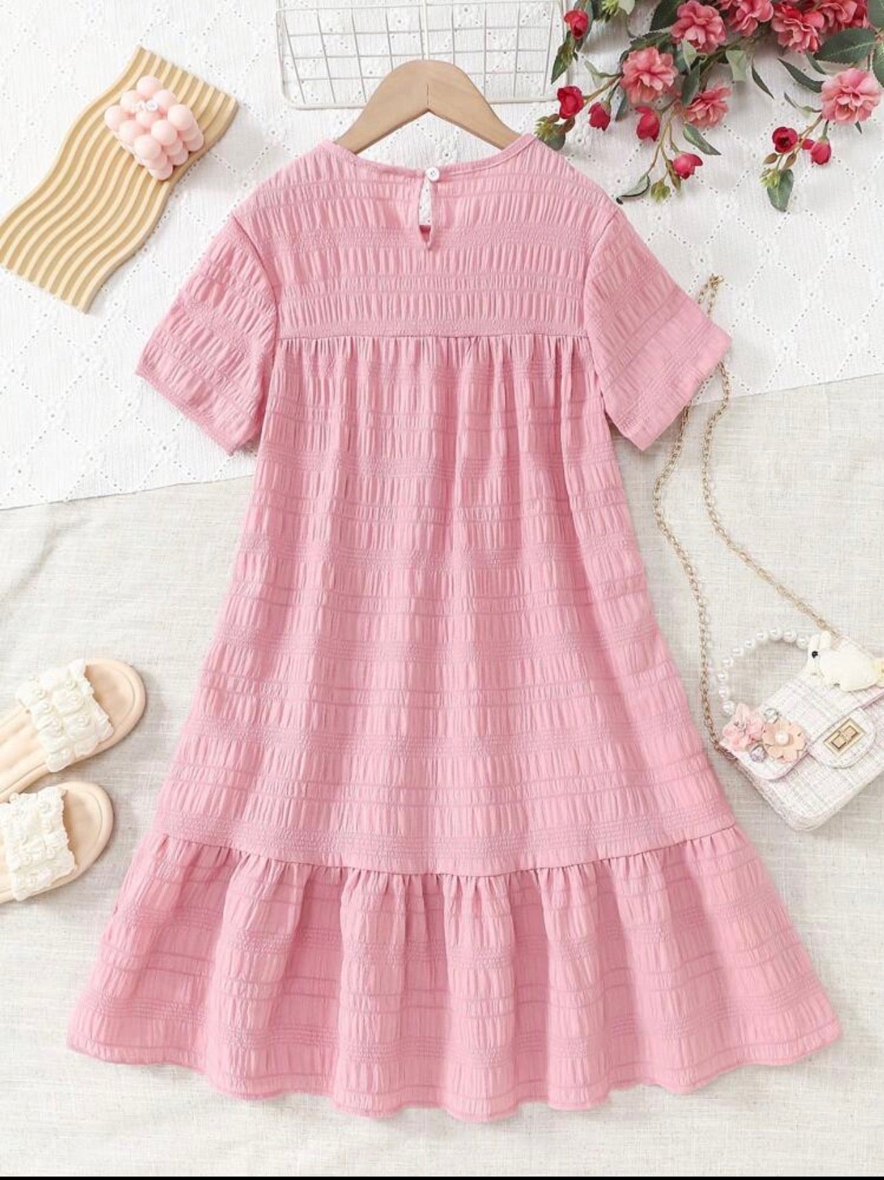 Vestido Infantil Rosa Texturizado con Vuelo