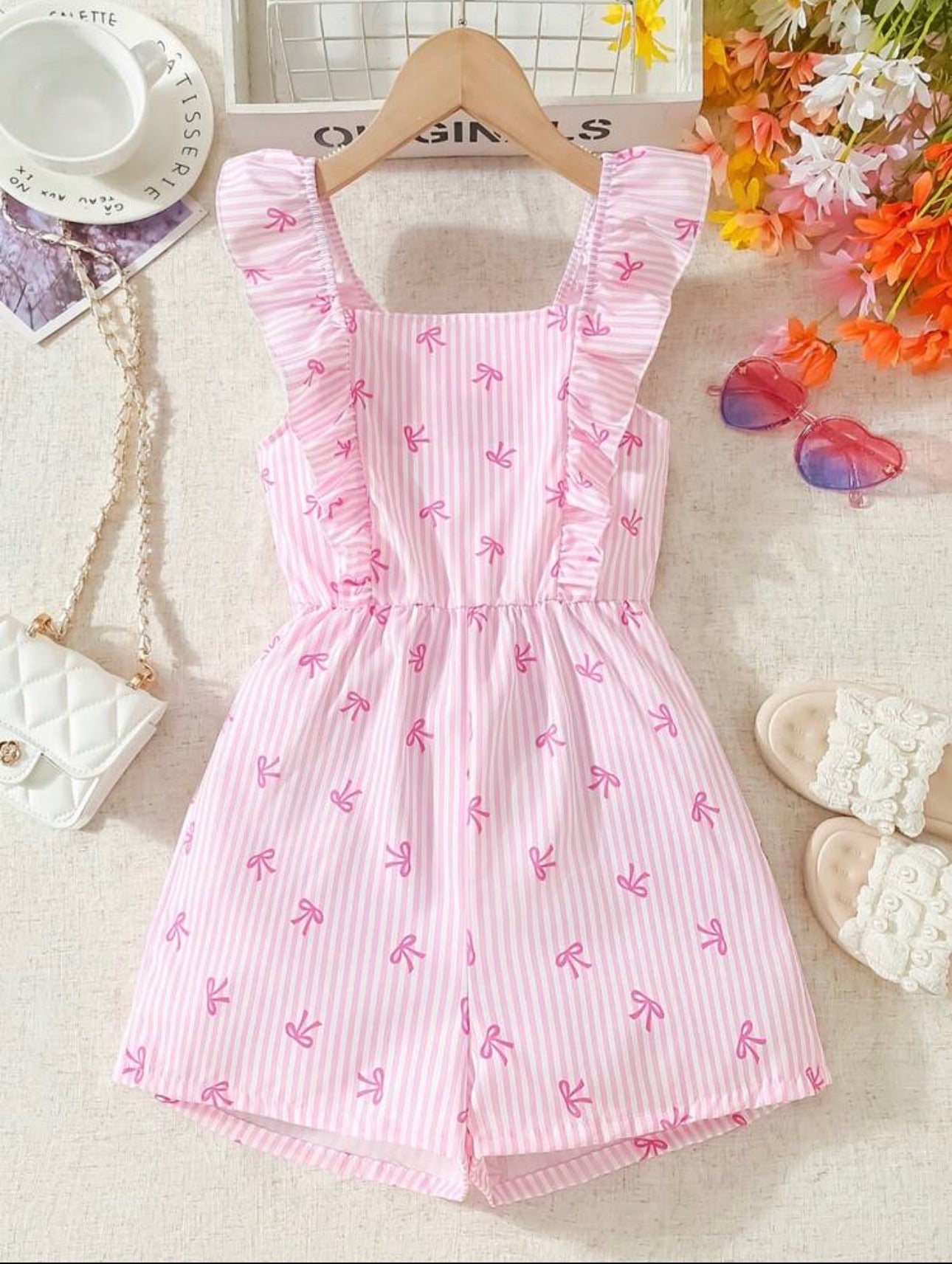 Enterizo Corto de Niña Pink Bow Stripes