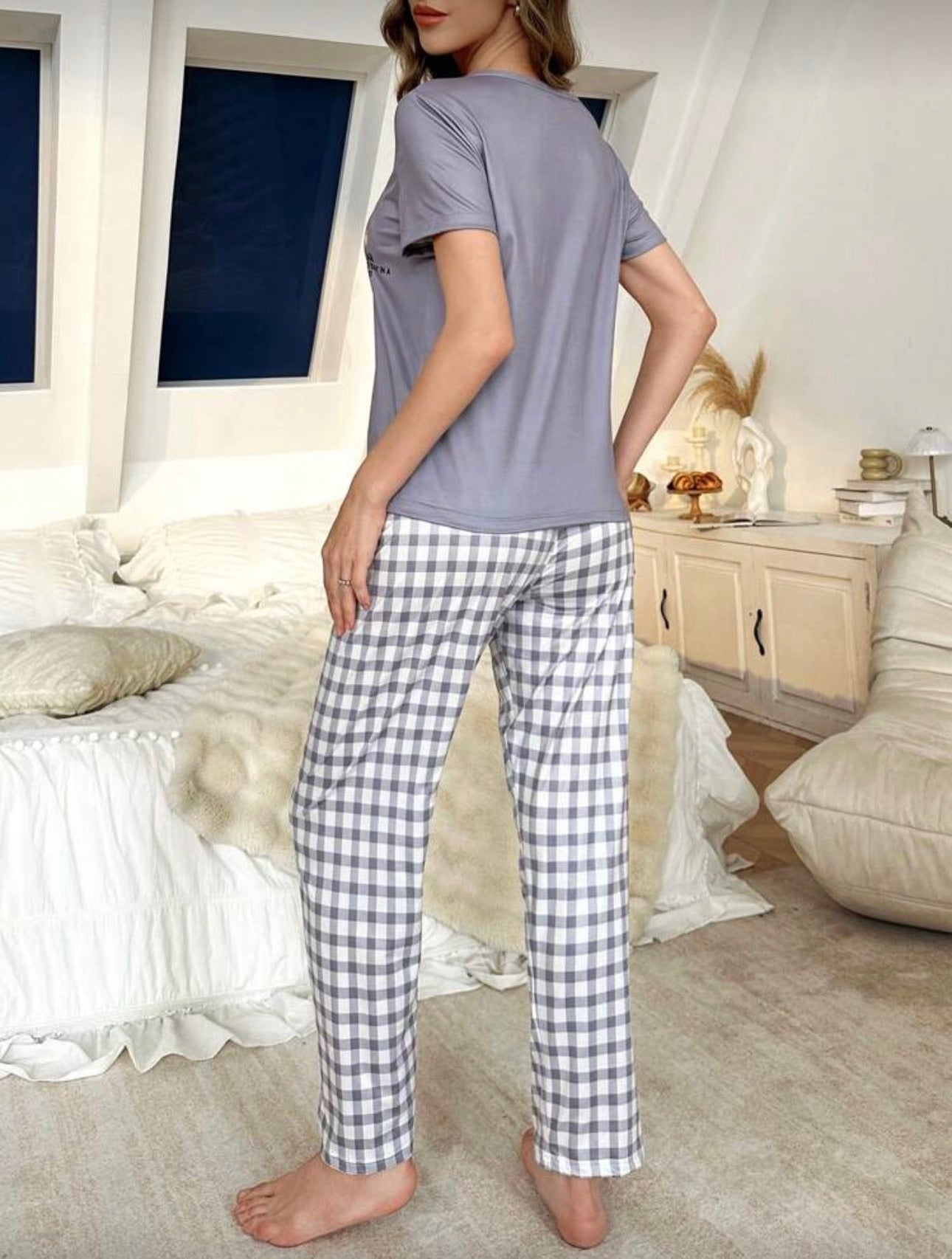 Conjunto Pijama Cozy Bear Cuadros Gris