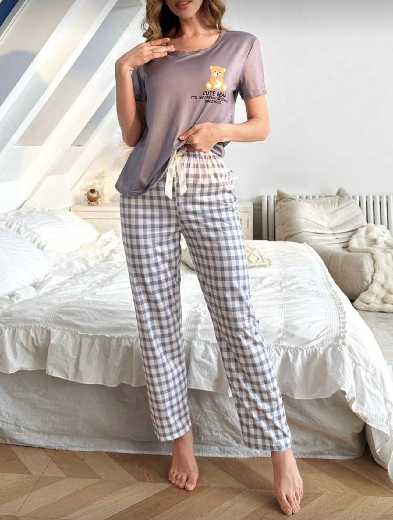 Conjunto Pijama Cozy Bear Cuadros Gris