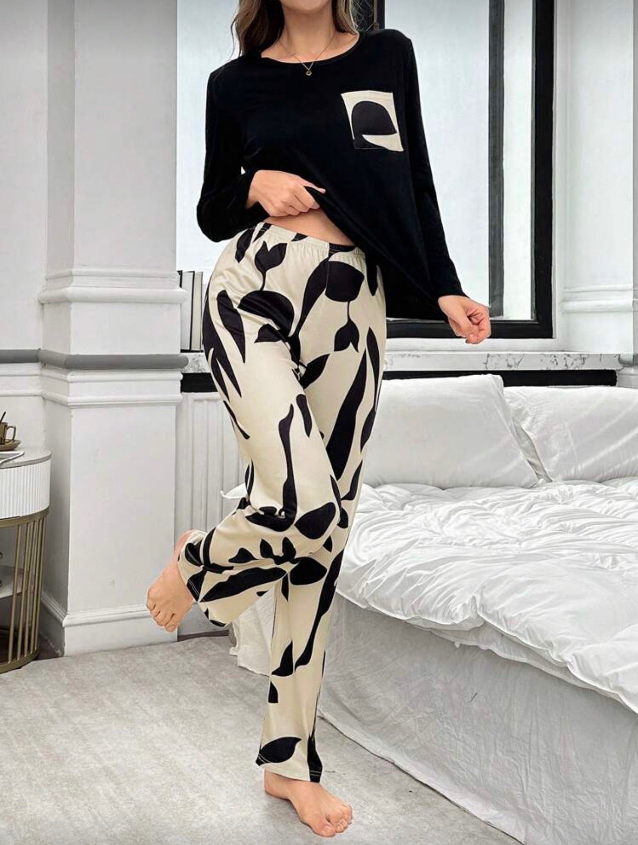 Conjunto Pijama Leaf Contrast Negro