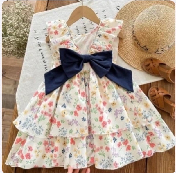 Vestido Infantil Floral Navy Bow