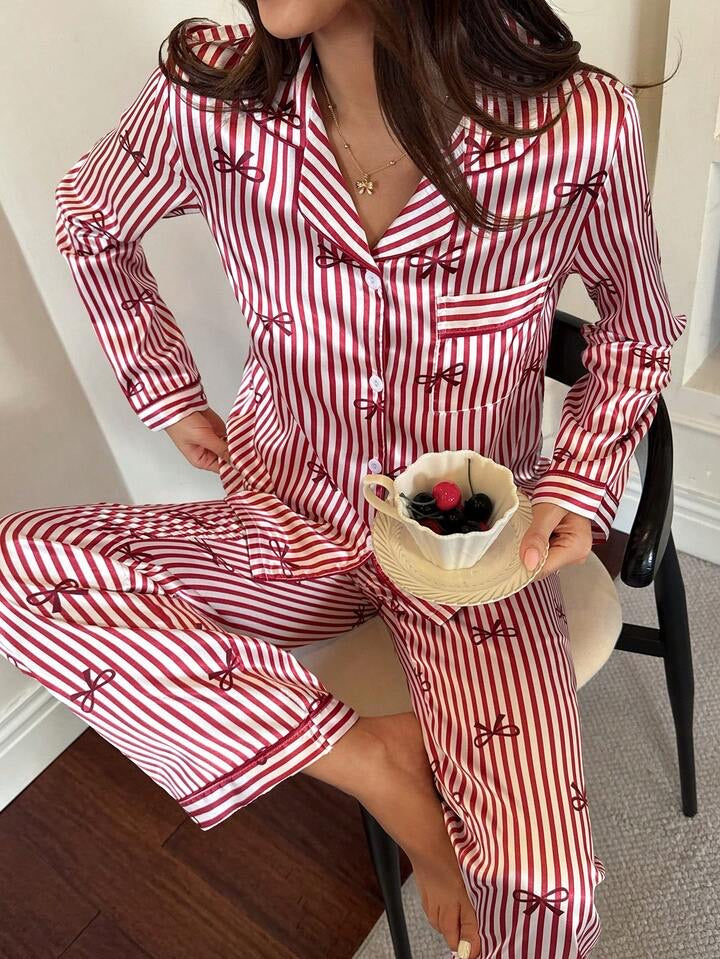 Pijama Femenina de Seda Pink Stripe Classic