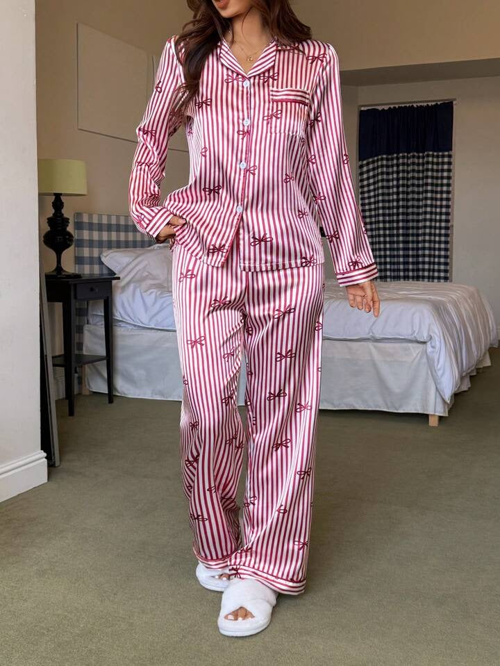 Pijama Femenina de Seda Pink Stripe Classic