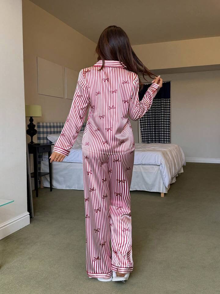 Pijama Femenina de Seda Pink Stripe Classic