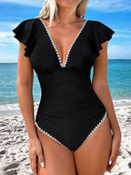 Traje de Baño Femenino Black Ruffle Trim Elegant One Piece