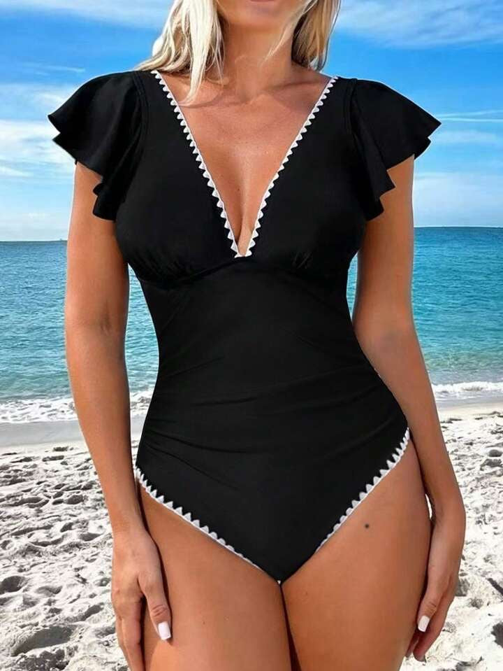 Traje de Baño Femenino Black Ruffle Trim Elegant One Piece