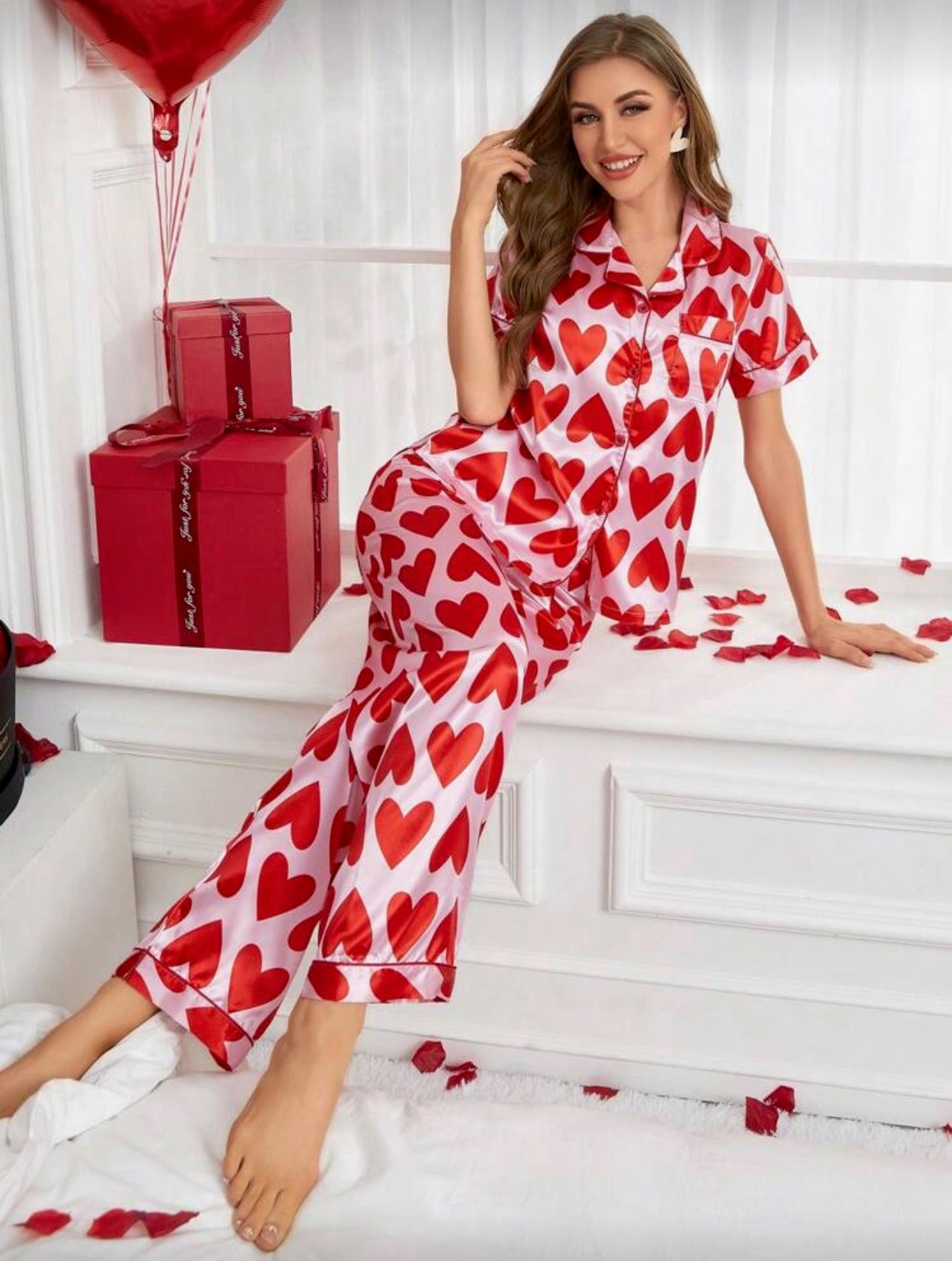 Pijama de Dama de Seda Heart Button Love
