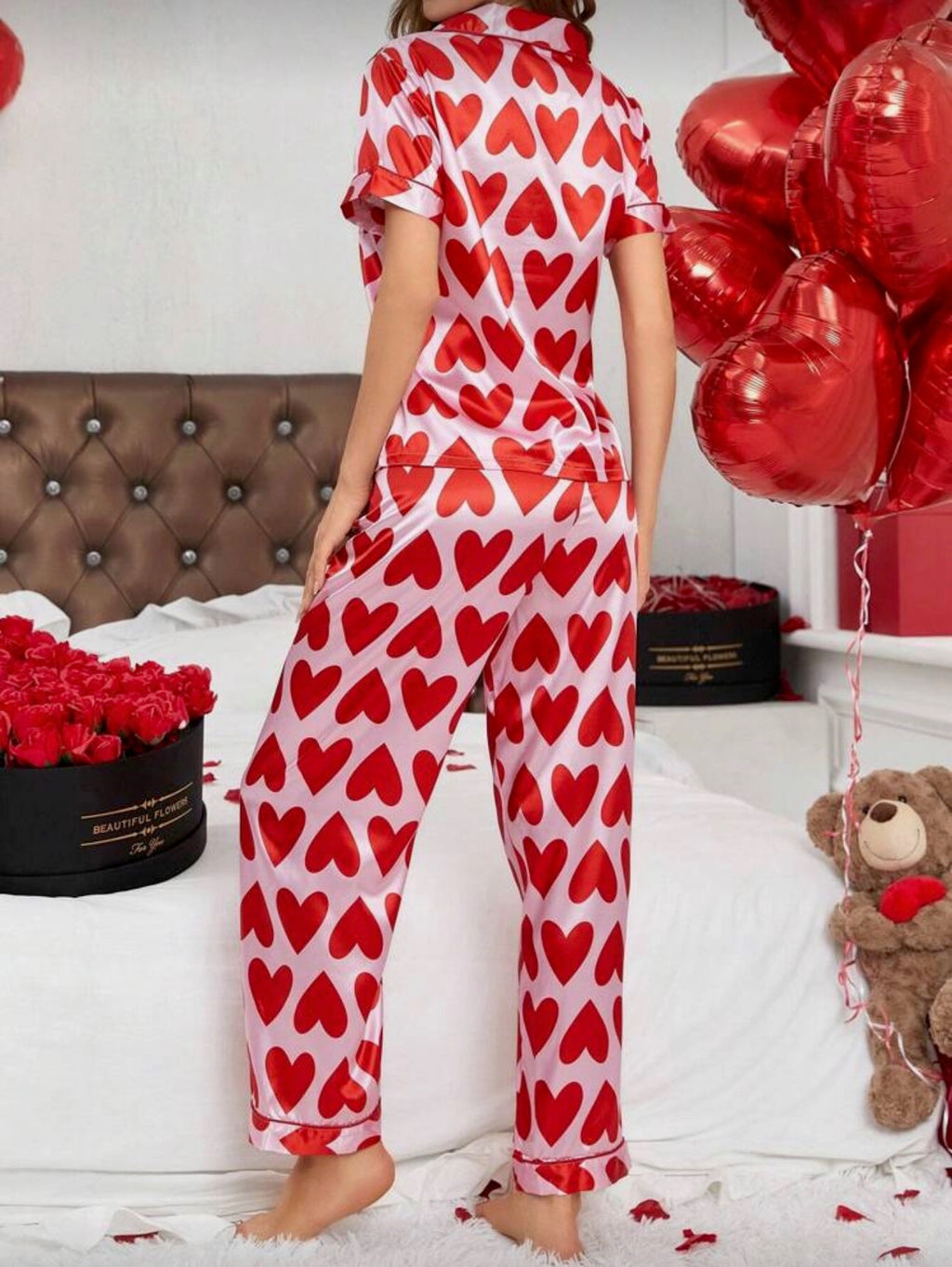 Pijama de Dama de Seda Heart Button Love