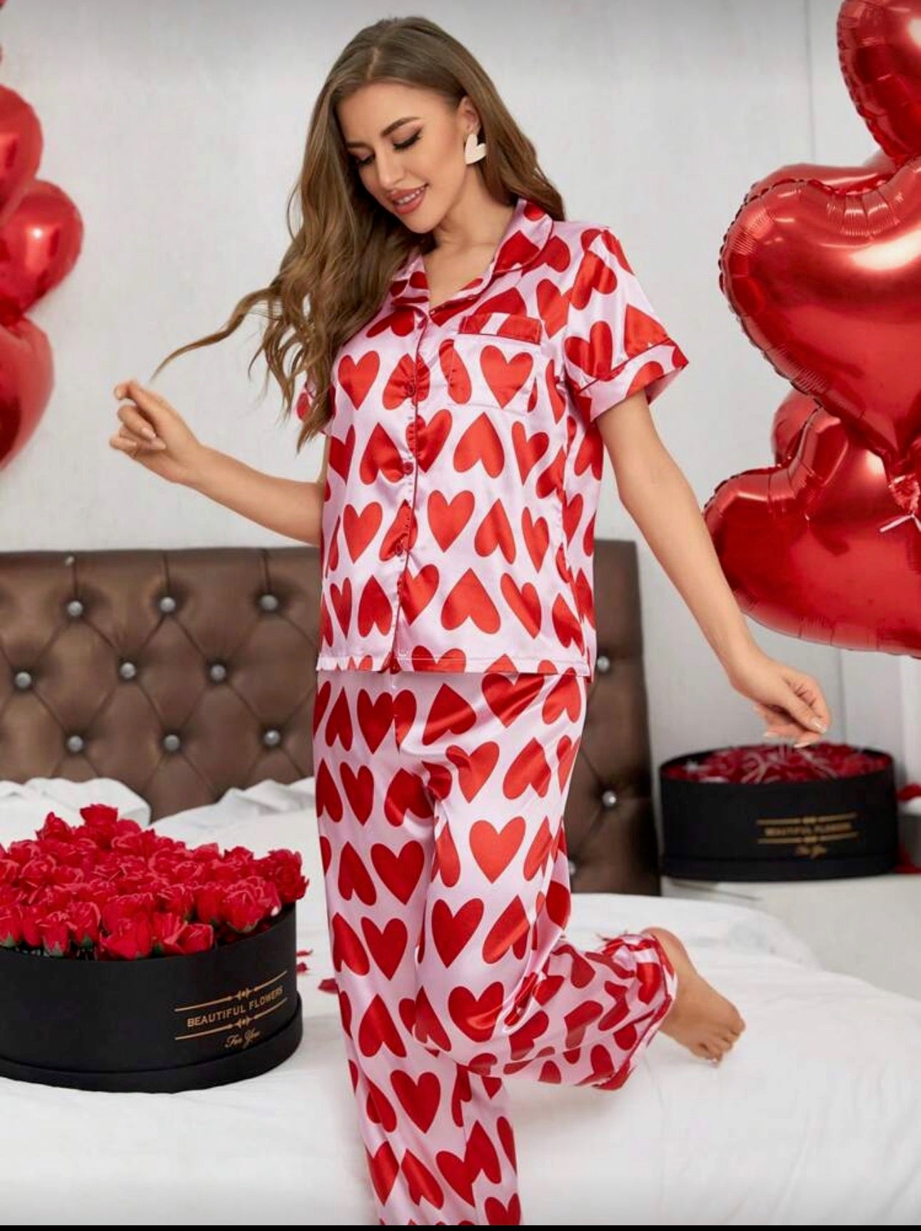 Pijama de Dama de Seda Heart Button Love