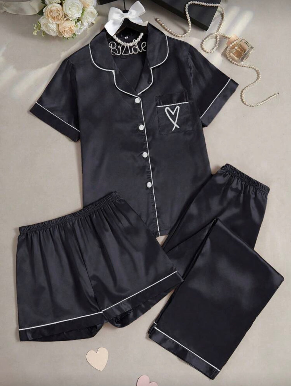 Pijama de Dama de Seda de 3 Piezas Negra