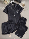 Pijama de Dama de Seda de 3 Piezas Negra
