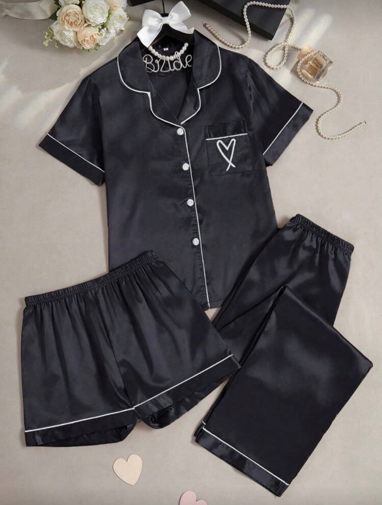 Pijama de Dama de Seda de 3 Piezas Negra