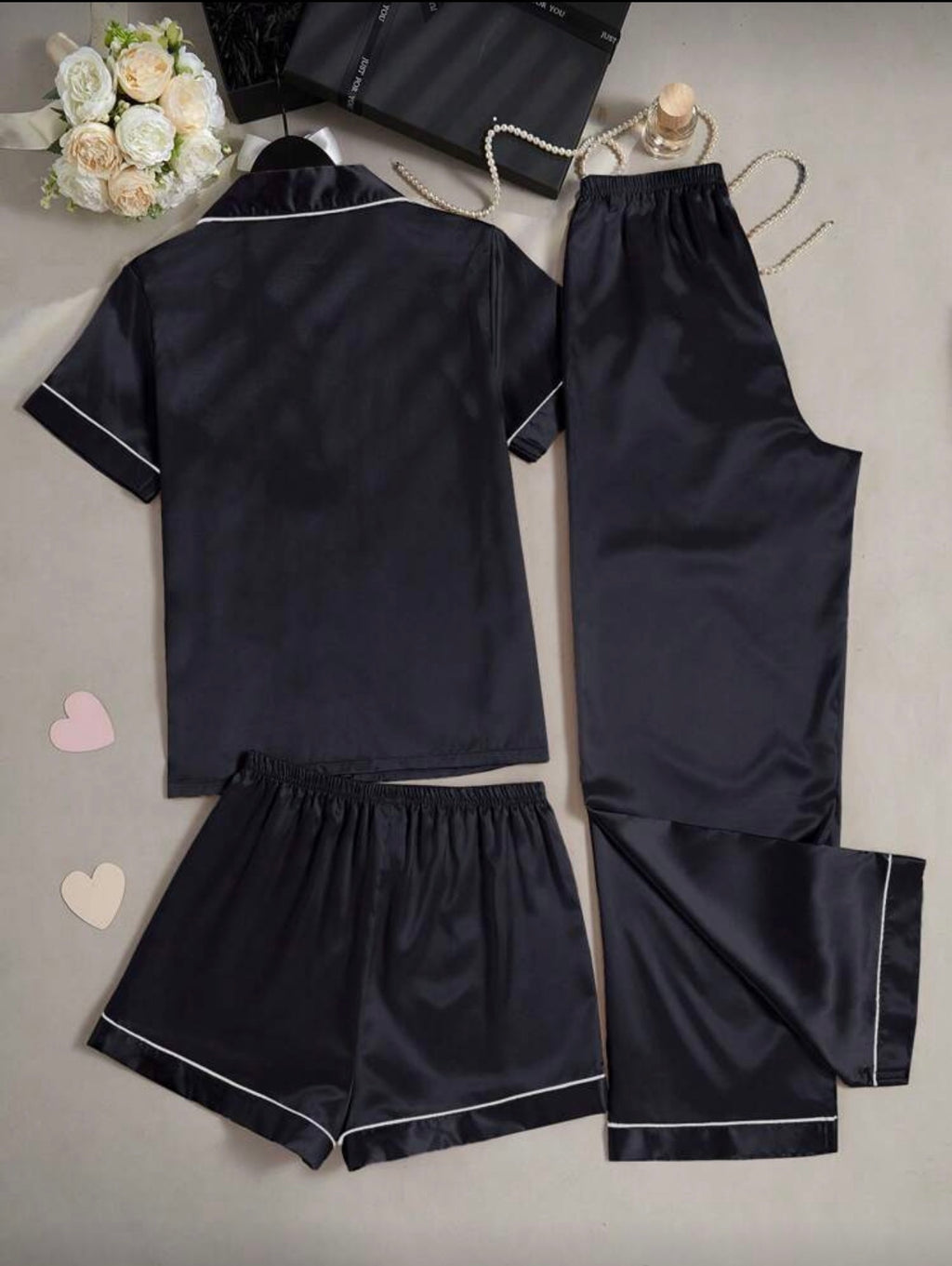 Pijama de Dama de Seda de 3 Piezas Negra