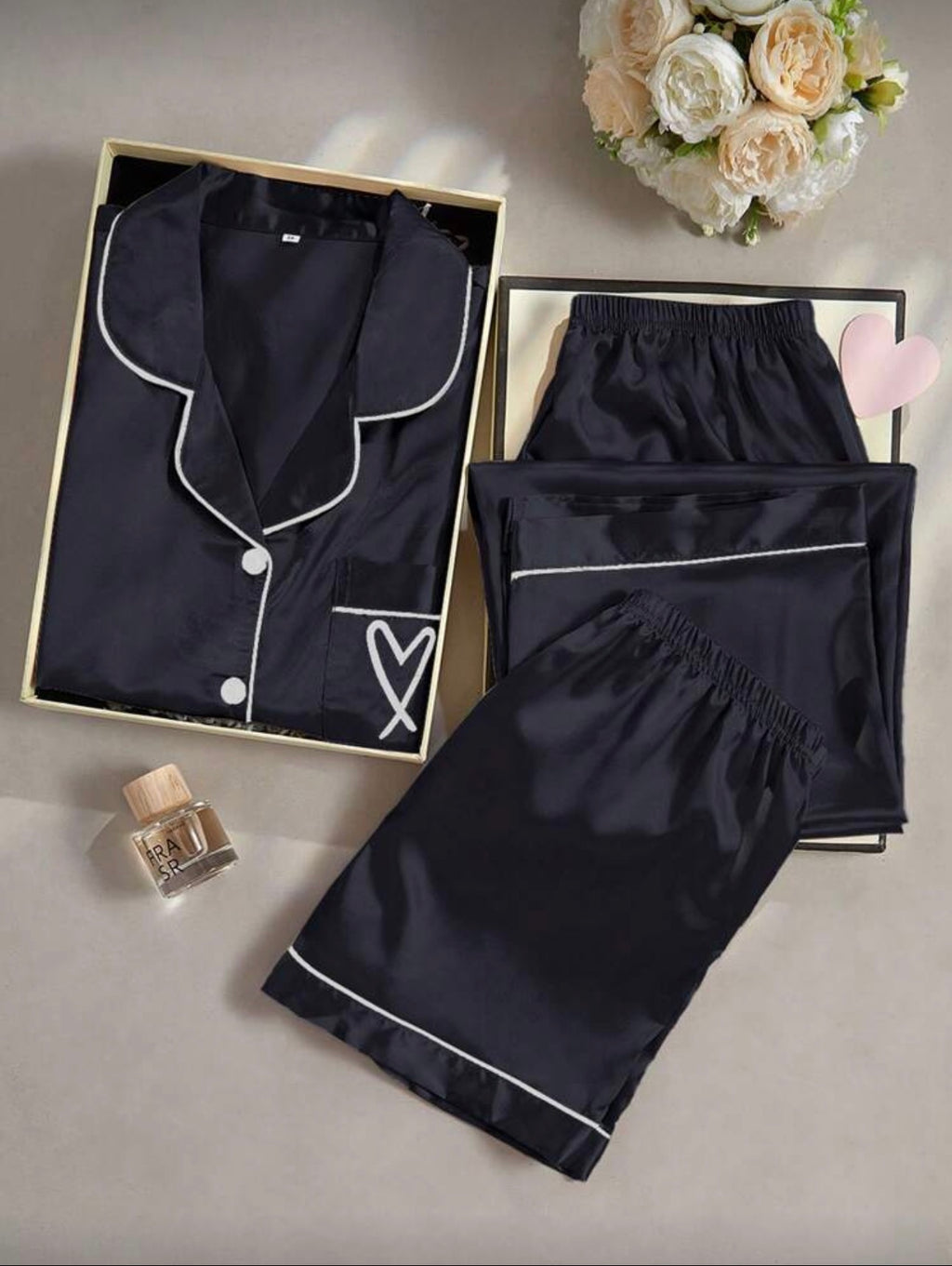 Pijama de Dama de Seda de 3 Piezas Negra